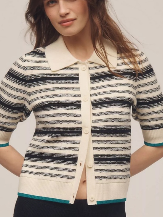 Anthropologie Sweaters - Anthropologie Ivory and Black Striped Short-Sleeve Polo Cardigan with Teal Trim